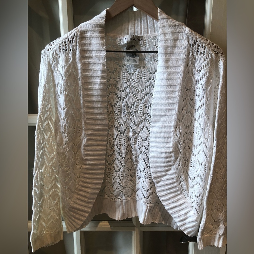 White Stag womens waist length white knit cardigan open front